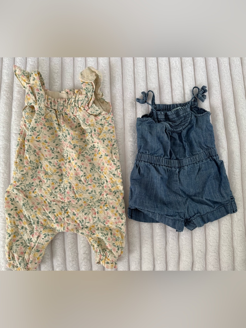 Baby girl rompers- Floral Yellow Romper & Blue Denim Romper, size 12 months